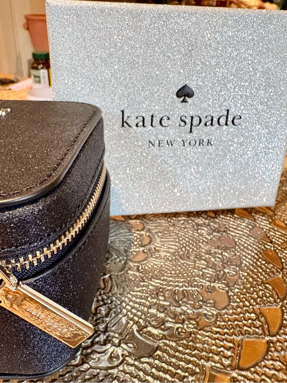 New Kate Spade Tinsel Boxed Travel Jewelry Holder in black glitter Jewelry Box